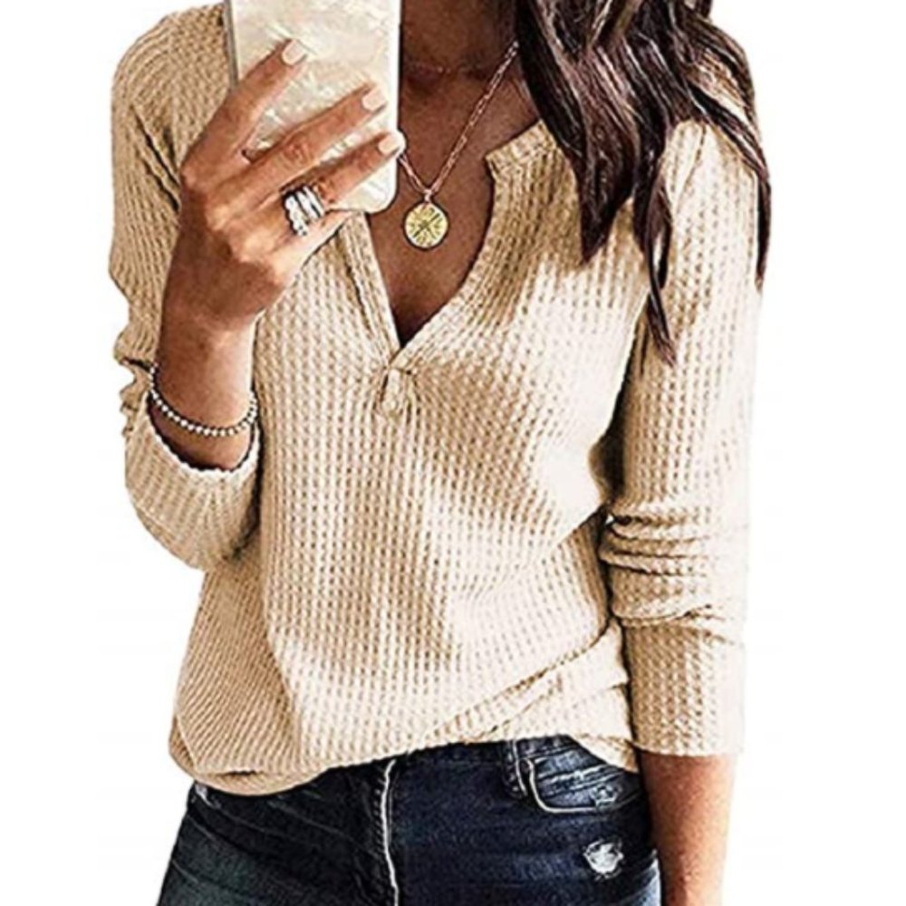 Taupe Thermal Waffle Knit Long Sleeve Top